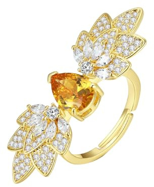 Ayoiow Ring Damen Echt Gold 14K Gelbgold, Tropfenförmig Blattform mit Citrin und Diamant Vorsteckring 585 Gold, Damen Ring Verlobung für Sie