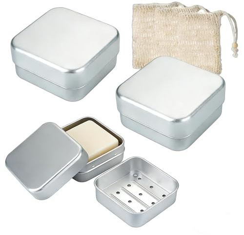 Hulvyzu 3 PCS Boite à Savon Voyage Aluminium avec 3 Pcs Sac à Savon en Sisal, Boite a Savon Carrée Porte avec Couvercle Savon Voyage Boite Etanche avec Égouttoir Amovible pour Salle de Bain, Douche