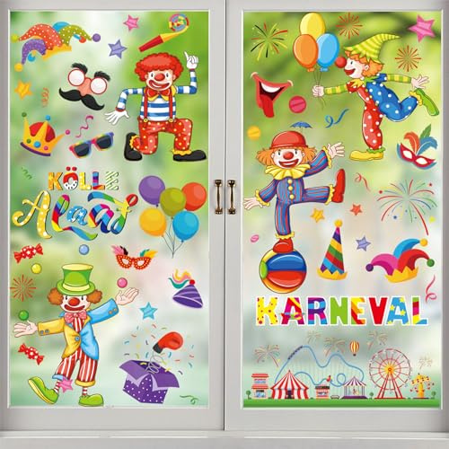 Fangshu karneval väggklistermärken set, 9 ark clown cirkus motiv, självhäftande statiska fönsterbilder, 100 stycken festliga festdekoration