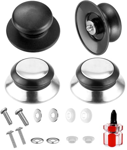 YIPFEN 4 piezas pomo tapa con tornillos, repuesto universal en negro y plata, resistente al calor para tapas de vidrio, tapaderas para sartenes, cacerolas y ollas