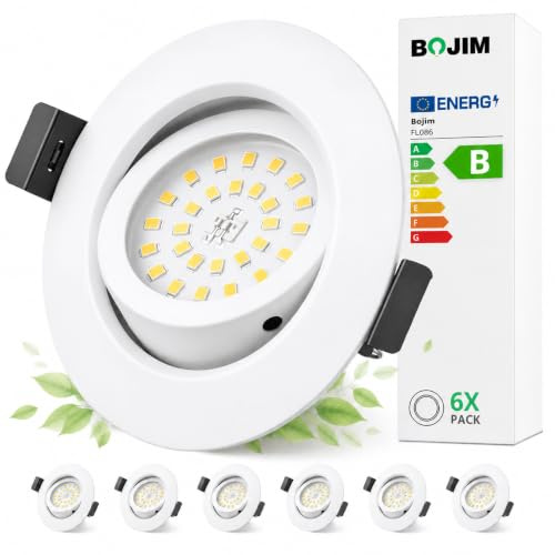 BOJIM Einbaustrahler LED Bad Küche Deckenspots Energieeffizienzklasse B | Spots 230V IP44 Schwenkbar, Weiß, 3000K Warmweiß, 68mm - 80mm Lochmaß, Flach, 4.7W, 6er Set