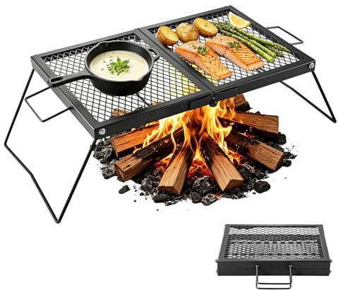 VEVOR Parrilla Portátil Plegable de Acero al Carbono 758 x 383 x 235 mm, Contacto Directo con Alimentos, Con Patas y Asas, Soporta hasta 600 °C, para Asar al Aire Libre, Camping, Jardín, Negro