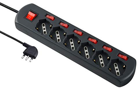 Electraline 62051 Multipresa 6 Posti Polivalenti Generale, 6 Interruttori Indipendenti, 6 Prese Universali, Cavo di 1.5 m, Nero