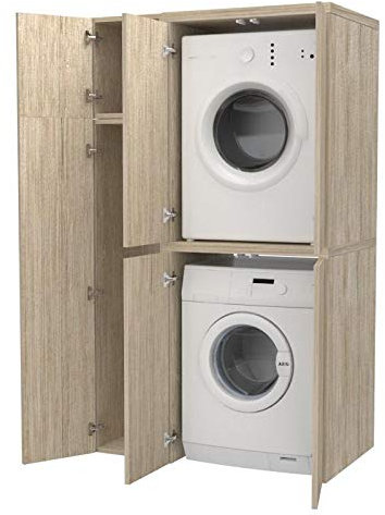 VE.CA.s.r.l. Armario Alto + Compartimento para Accesorios con Puertas para Lavadora/Secadora de Madera, Personalizado, lavadero, baño (Roble Vintage)