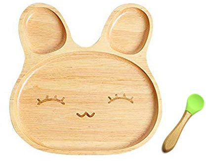 MUUZONING Präsentiert - Babyteller aus Hölzernes, passendem Baby-Löffel Hochwertiges Babygeschirr Set - aus naturbelassenem Hölzernes - mit Plate Bowl Cup Gabellöffel (013)