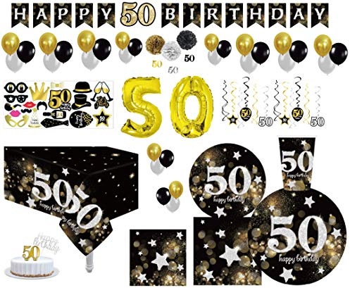 Serves 30 | Ultimate 50th Party Pack | Happy 50th Birthday | 9 Dinner Paper Plates | 7 Dessert Paper Plates | 12 oz Cups | 3 Ply Lunch & Beverage Napkins | Swirls | Cake Topper | Numerical Candle