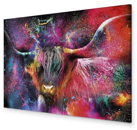 murando HandArt Bilder auf Leinwand Tier 1 tlg Leinwandbild Wandbilder Wohnzimmer Wanddekoration Moderne Kunst - Highland Kuh bunt Farbflecken Abstrakt g-C-0335-b-a