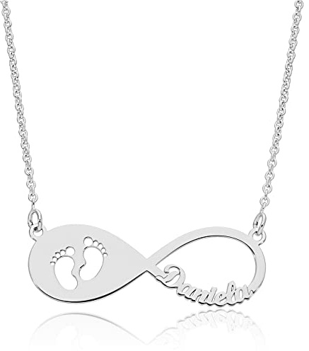 doble aro Collar Personalizado Infinito con Nombre Pies de Nacimiento - Colgante de Plata de Ley 925/1000 para Mujer - Cadena en 45cm - Personalizado 1 ó 2 Nombres (Collar Infinito Plata 925)