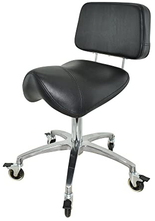 VAKON SALON - Premium Sattelhocker schwarz mit Bremse und Lehne, Sattelstuhl für Rückenentlastung, Rollhocker höhenverstellbar von 50-65 cm, Praxishocker, Bürohocker