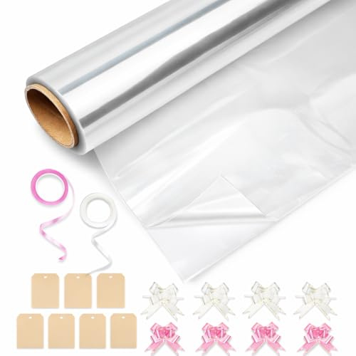 Huruc Clear Cellophane Wrap Roll 80cm x 30m Folded with 10 Pull Bows, 2 Ribbons & 10 Tags – Extra Wide Christmas Wrapping Cello for Hampers, Bouquets, Gifts & Holiday Packaging