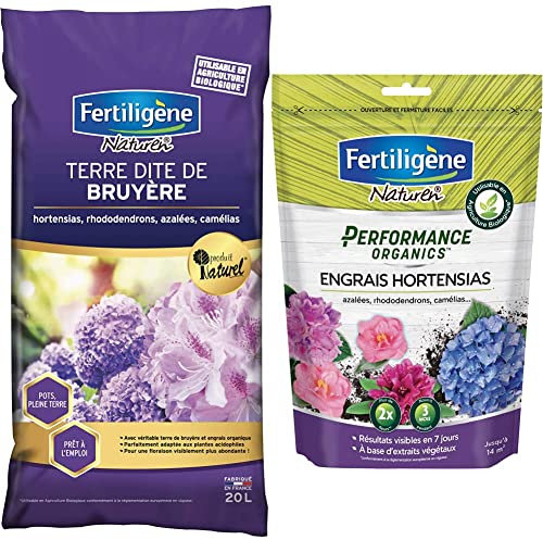 FERTILIGENE FBR20 Terre Dite de Bruyère 20L - Prêt à l'emploi, Utilisation en Pot ou en Pleine Terre - Contient des Fibres de miscanthus - Adaptée aux Plantes acidophiles & Engrais hortensias, 700 g