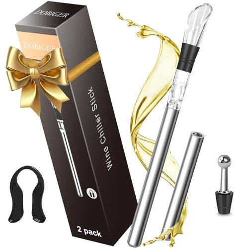 DOBIGER 2 Stück Weinkühlstab Set, Weinkühler Edelstahl, 5-in-1 Weinkühler Stab aus Edelstahl inkl. 2 Stäben + Ausgießer + Folienschneider + Flaschenverschluss, Geschenk für Weinliebhaber