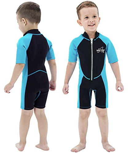 NATYFLY Kids Shorty våtdräkt 2,5 mm barn neopren termisk baddräkt UV-skydd baddräkter för flickor pojkar One Piece Wetdräkter (blå, 10 år)