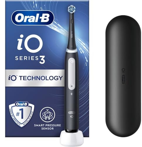 Oral-B iO3 Electric Toothbrushes Adults, 1 Toothbrush Head & Travel Case, 3 Modes with Teeth Whitening, 2 Pin UK Plug, Black, Oral B Io Toothbrush