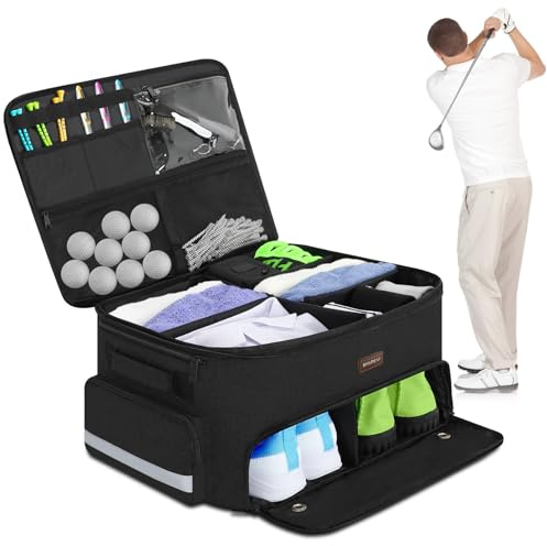 Organisateur de coffre de golf pour voiture, casier de golf à 2 couches avec compartiment séparé ventilé pour chaussures, organisateur de voiture de golf gris pour accessoires de golf, rangement de