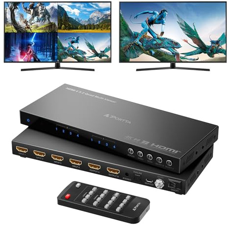 4K HDMI Multiviewer Switch 4x2 with PIP, PORTTA Quad Multi Viewer Seamless Switcher 4 in 2 Out avec Toslink, 3.5mm Audio Output Prise en Charge 4K 30Hz, 6 Viewing Modes, Downscaler pour PS4/PC/DVD
