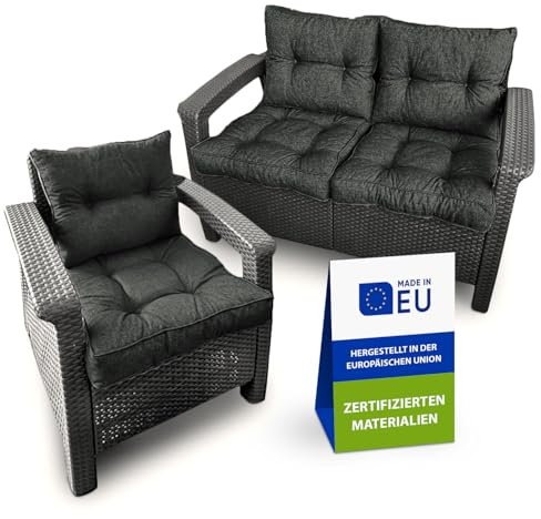 Pillows24 - Loungemöbel Kissen 2er Set | Sitzkissen 50x50 & Rückenkissen 50x40 cm | für Outdoor | Auflagen, Kissen & Polster für Gartenmöbel, Rattanmöbel, Lounge & Sessel | Made in EU | Graphit