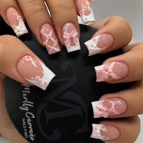 Press on Nails Long Square Pink Fake Nails 3D Bow Tie Flower False Nail with French Tip Artificial Nail Finger Manicure for Women and Girls-24pcs (Square Nude Pink)