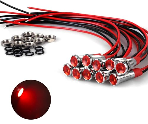 DMWD 10Pcs 6mm (1/4) Energy Saving LED Indicator Light 12V-24V 20mA Metal Waterproof Wide Flat Head Signal Lamp Pilot Dash Directional with Wire （Red LED 10Pcs