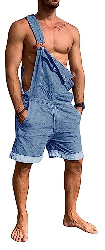 Runcati Herr denim overall shorts sommar arbetskläder justerbar jumpsuit lediga jeans korta sparkbyxor lös passform, blå, M