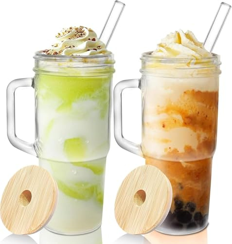 Glasbecher mit Deckel und Strohhalmen, 2 Packungen – 680 ml Glasbecher mit Griff, Einmachglas mit Deckel und Strohhalm, wiederverwendbare Trinkgläser für Eiskaffee, Smoothie, Matcha, Cocktail, Whiskey