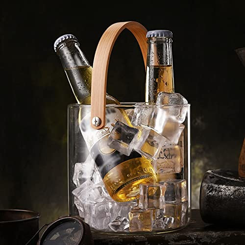 CRBUDY Seau à Glace en Verre 1,5 L/2,7 L avec poignées en Bois, pour glaçons, Bouteilles de bière et de Champagne, seaux à Glace Transparents pour fêtes, Baril de Boissons (Transparent 1,