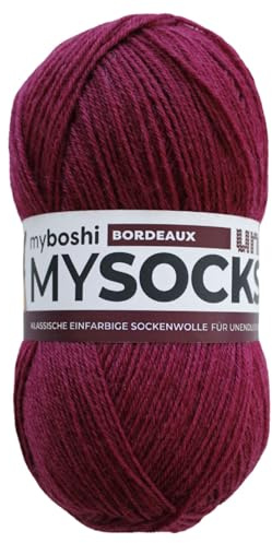 myboshi mysocks uni einfarbige Sockenwolle, 4-fädig, weich und geschmeidig, mit Aloe Vera behandelt, 100g, Ll 420m, Rot (Bordeaux) 1 Knäuel