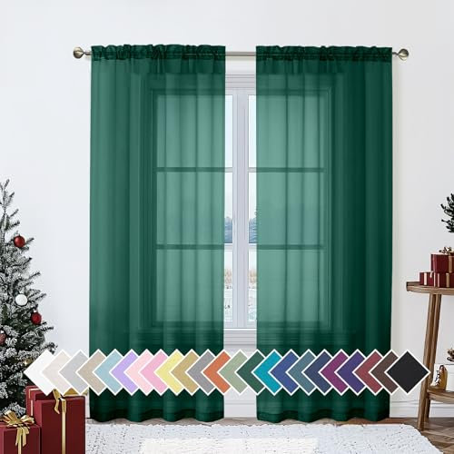 Aiyufeng Hunter Green Sheer Curtain Drapes 72 Inch Length 2 Panels for Living Room, Light Filtering Voile Green Drapes for Bedroom, Patio, Sliding Door, Each 42 W x 72 L