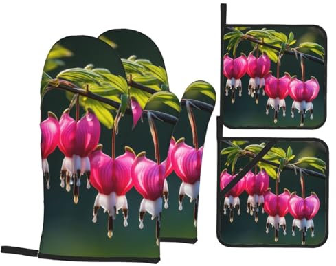 CHUNMINW Set di 4 guanti da forno e presine a forma di cuore con stampa floreale con petali e guanti da cucina, resistenti al calore, 17,8 x 27,9 cm