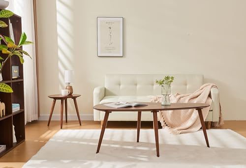 woJKod Wooden Oval Coffee Table;Mid Century Modern Side Table Centre table;Sofa Side Table;Solid Wood Furniture for Living Room,Bedroom;Curved Design Removable-Walnut