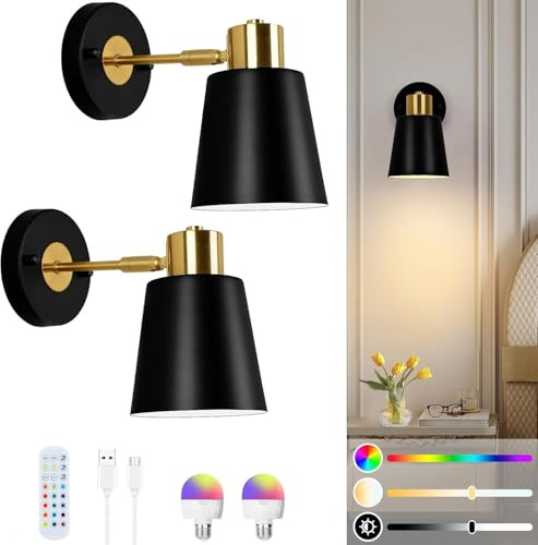 Lampop Akku Wandleuchte Innen, 2 Stück Kabellose Wandlampe Innen mit Fernbedienung, Dimmbare Glühbirnen mit 15 Farbmodi, Wandlampe Schwarz für Schlafzimmer Wohnzimmer