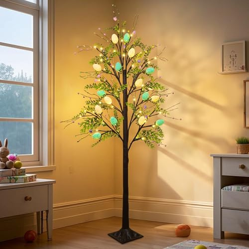 DR.DUDU 5FT Lighted Easter Tree with Timer, Easter Decorations for Home & Porch, Pre-Lit Egg Trees with LED Lights & Colorful Eggs, Indoor Outdoor Spring Decor Party & Office Decoration