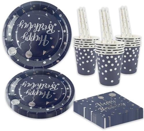 BOKFJBP 80 Stück Geburtstag Party Geschirr Set, Blau und Silber Ballon Kinder Wiederverwendbar Liefert Papier Teller Servietten Tassen Strohhalme für Babydusche Hochzeit Deko Junge Mädchen dient 16