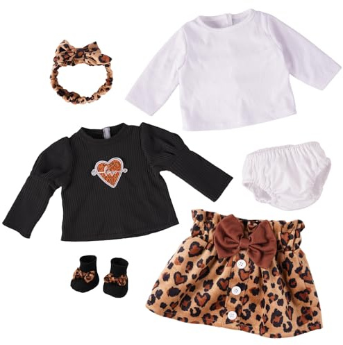 BABESIDE 5-Piece Reborn Baby Doll Clothes, Baby Doll Clothes Fits 17-22 Inch Dolls with Leopard Dress, Headband, Coat, Reusable Doll Diaper and Socks,Pretend Play Gift for Kids 3+ Birthday Christmas