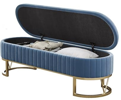 Samtgepolsterte Sitzbank mit goldfarbenen Beinen, 140 cm, Bettbank für Schlafzimmer, lange Fensterbank, Klappdeckel, Fußstütze, unterstützt 150 kg, Blau