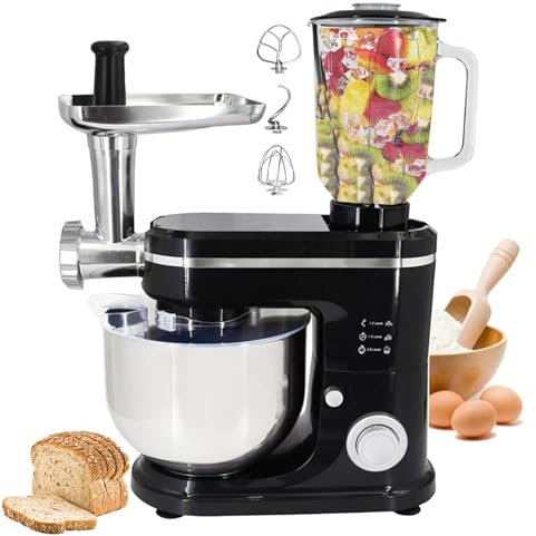 WOTZOV Batidora eléctrica 3 en 1 con Base | Licuadora y picadora de Carne | Máquina de Cocina | Acero Inoxidable | Ajuste de 8 velocidades | con picadora de Carne/Varilla para Revolver/a，Negro