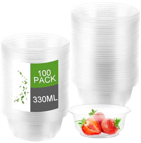 LDXDRU 100 Stück Dessertgläser Plastik Rund 330ML Plastikschüsseln, Mehrweg Dessertbecher Plastik Dessertschalen Mini Desserttasse Plastikschüsseln für Salate, Desserts, Eiscreme, Snacks