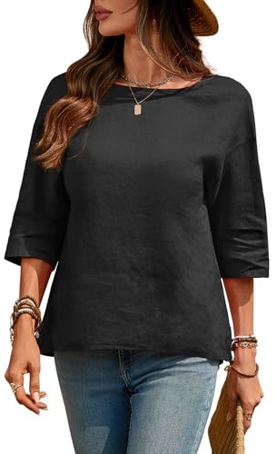 vinglam Women's Linen Blouses 3/4 Sleeeve Pure 100% Linen Crew Neck Tops Tshirts Black