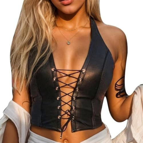 HOTSO Women Sexy Tank Top PU Leather Sleeveless Top Halter Cross Strappy Crop Top Y2k Backless Front Tie Bustier Wetlook Lingerie Bodycon