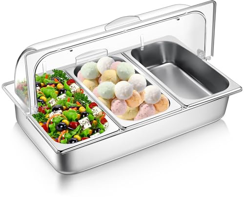 Ziliny Contenitore per 3 padelle da banco per servire alimenti, in acciaio inox, per pizza e condimenti, con coperchio trasparente per buffet, ristorante, hotel, cucina, feste