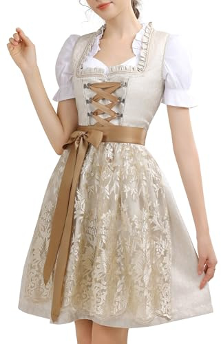 KOSMEEU Dirndl Damen Midi Trachtenkleid Oktoberfest Trachtenmode Trachten Trachtenrock Germandress inkl. Dirndl Dirndlschürze Dirndlbluse Apricot 44