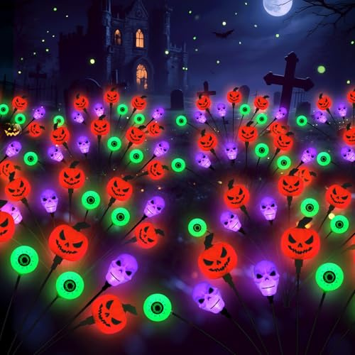 Halloween Decorations Outdoor Solar Scary Eyeball Skeleton Pumpkin Lights,2PACKS 12LED Green Eyeball Swaying Firefly Lights,Waterproof Solar Halloween Path Light for Yard/Garden/Lawn/Party Decor