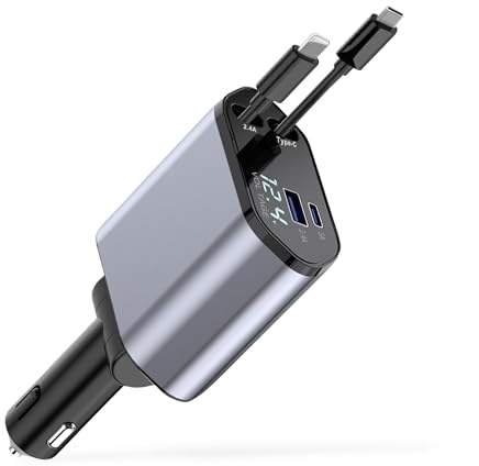 4 en 1 Rétractable Chargeur Voiture, 120W Chargeur Allume Cigare USB C avec Allume Cigare USB, Prise Cigare USB C et Câble Extensible 90 cm, Compatible avec Les Smartphones de Différentes Marques