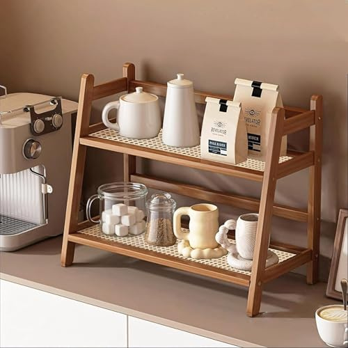 2-Tier Cup Shelf Organizer Coffee Station Organizer Bamboo Mug Holder Countertop Kitchen Counter Shelf for Tea Coffee Bar Accessories,Matcha Stand Cup Display Condiment Storage Rack (Dark Brown)