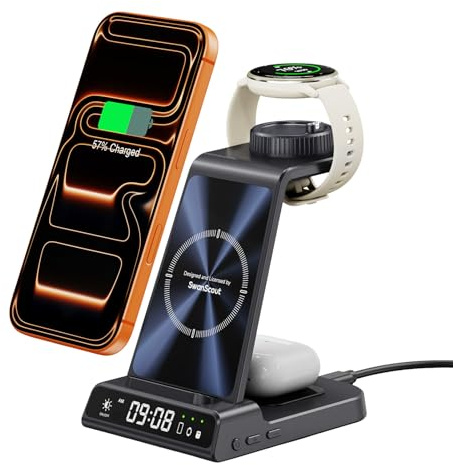 3 i 1 Laddstation för Garmin Klocka Vivoactive Venu Forerunner Fenix CIRQA | Trådlös Laddare för i-Phone Air/17/16/Samsung Flip 8/S26, Wireless Charger för Garmin Watch, med Tidsvisning, Utan Adapter