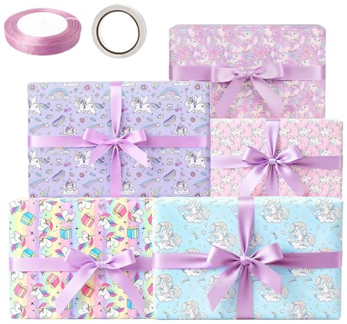 5 fogli di carta da regalo con unicorno, 70 x 50 cm, carta da regalo per bambini, compleanno con nastro, carta natalizia per bambini, matrimonio, baby shower