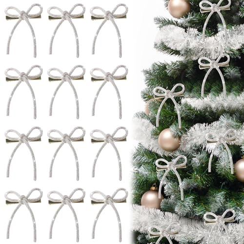 Xevinas Glitzer Schleifen Weihnachtsbaum Silber, 12 Stück Silber Schleifen Weihnachten Glitzer Weihnachtsbaumschmuck für Weihnachtsbaum Deko (A)