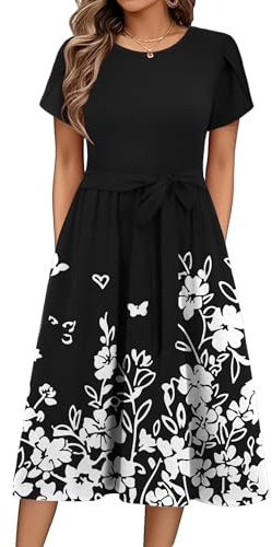 Zeagoo Abiti Estivi da Donna Rotondo Vestito Elegante Manica Corta Midi | Abito Casual Floreale | Abiti con Tasche | Vestito Vita Alta | Vestiti A Line | Abito da Spiaggia | S-2XL