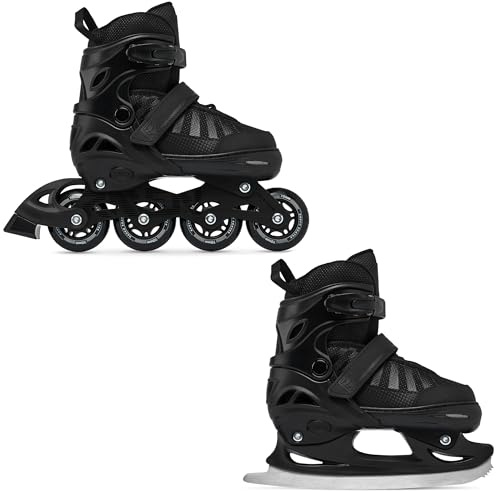 RAVEN Inline Skates Inliner für Kinder und Erwachsene OPTIONAL 2in1 mit Schlittschuhen verstellbar Oxen (Oxen Black mit Kufen, 38-42 (25cm-27,5cm))