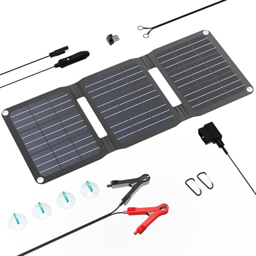 FlexSolar 15W Foldable Solar Panel Trickle Charger Maintainer Kits 12V DC | USB Output with Built-in Controller Includes Cigarette Lighter, Alligator Clips, O-Rings,OBDII Connector for Car, Truck